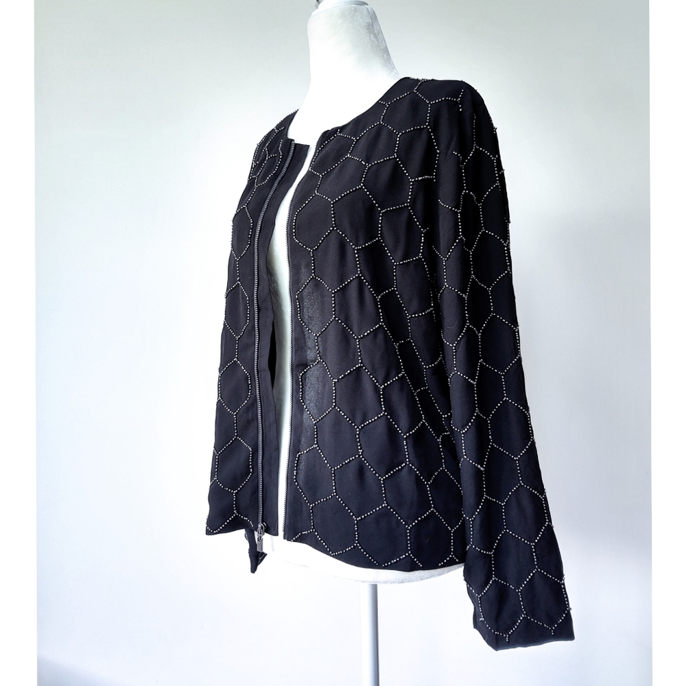Chico's Honeycomb Beaded Jacket Chiffon Zip Front Size Medium - Picture 2 of 9